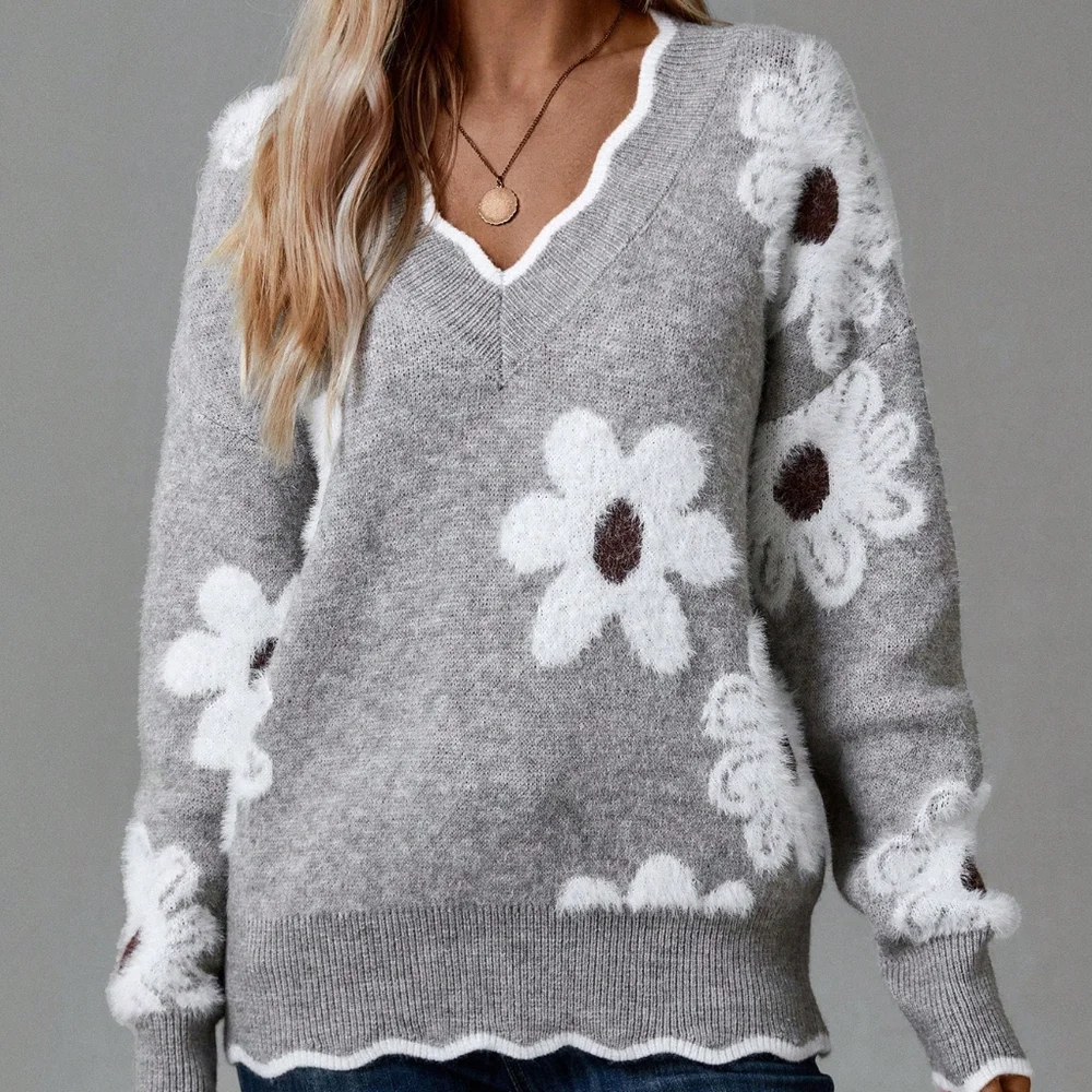 Women's Grey Floral Pattern Easter Family Sweater - Picture 3 of 4